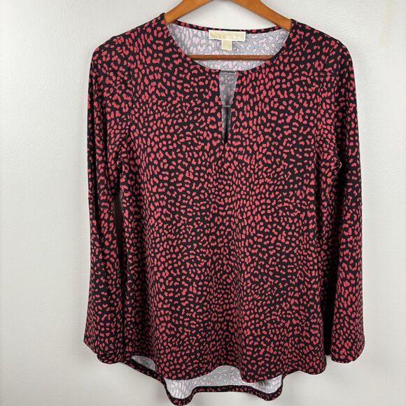 Michael Kors Shirt Womens M Black Red Leopard  Spot Long Sleeve Keyhole Stretch - Picture 2 of 8